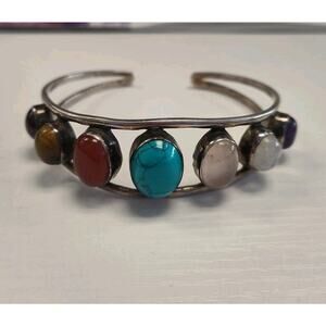 Vintage Native American Sterling Silver Multi Gemstone Bracelet UnSigned 28.4 Gr
